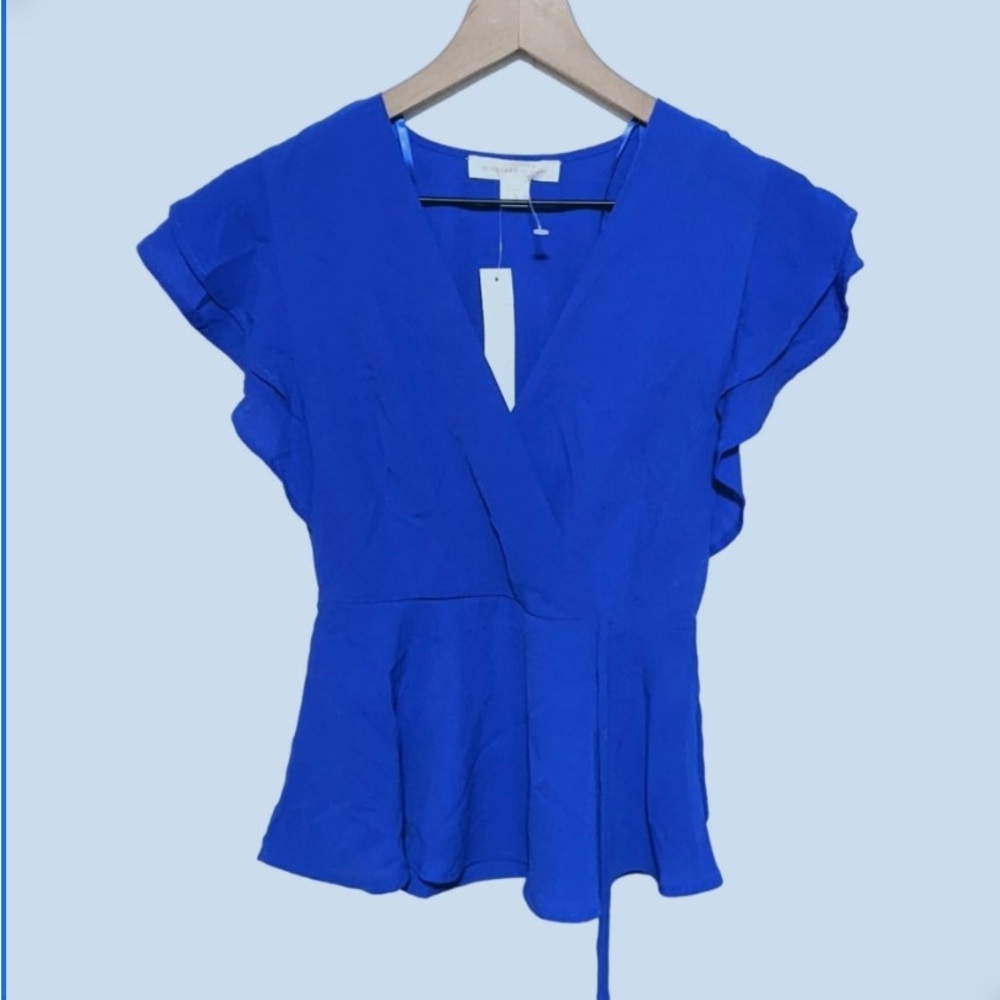 Monteau Los Angeles Womens Royal Blue Short Sleeve Wrap Blouse Top - Size M